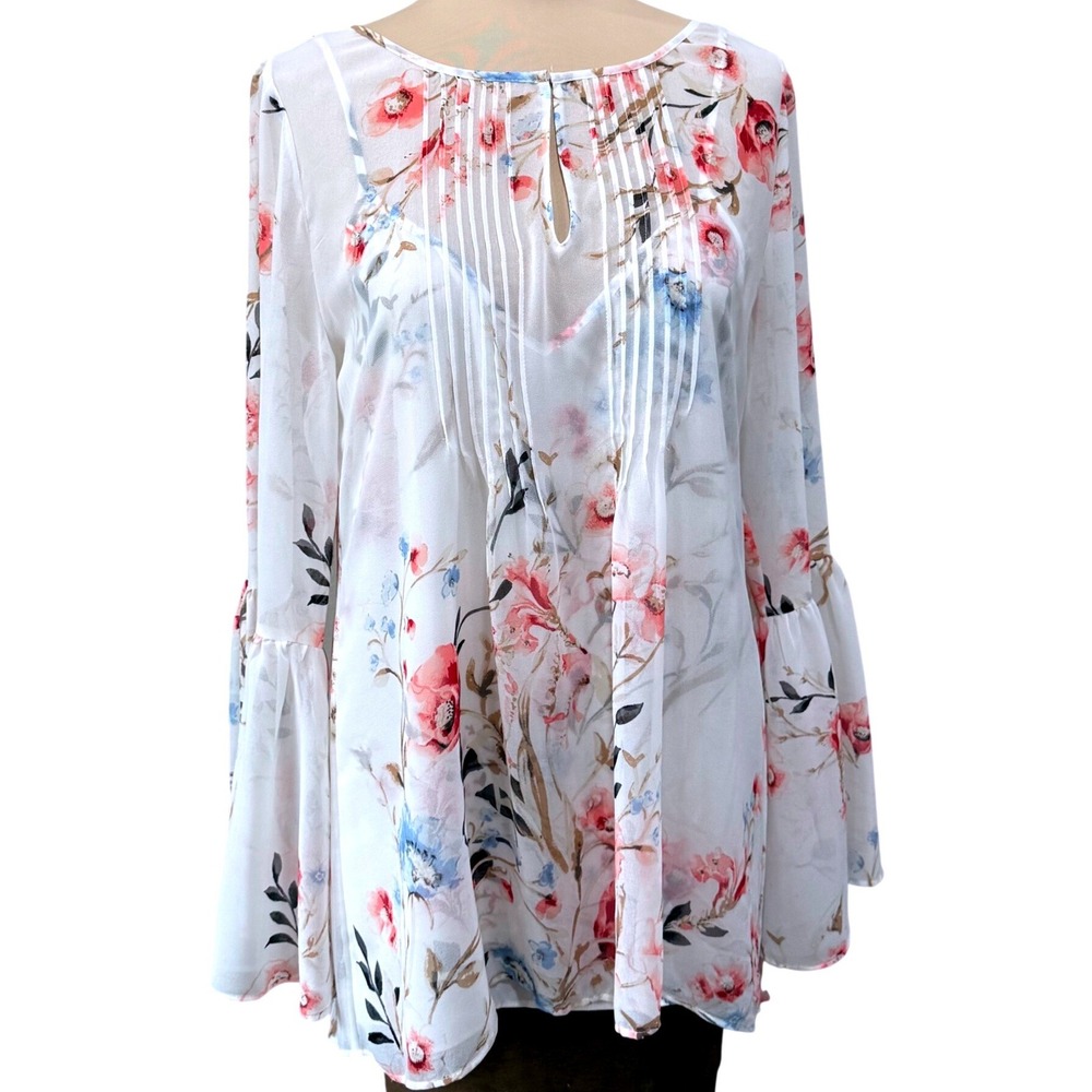 White House Black Market Floral Blouse Size 10 Romantic Cottagecore Bell Sleeve